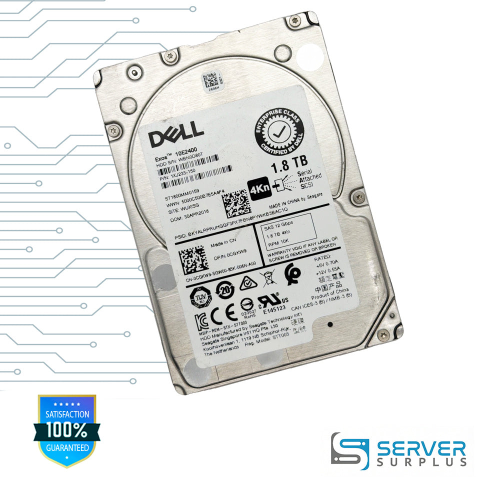 Dell Exos 10E2400 1.8TB SAS 12Gb/s 4Kn 2.5 in Enterprise HDD | 0CGKW9 | ST1800MM0159 | 1XJ233-150 | CGKW9