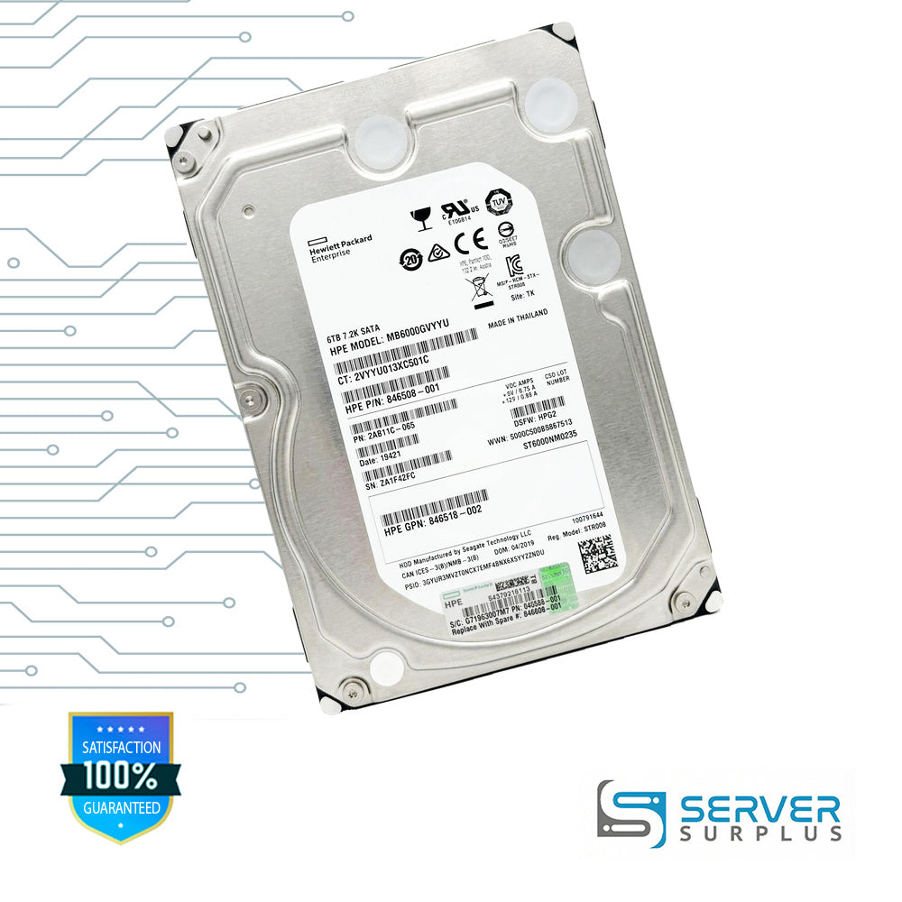 HPE MB6000GVYYU 6TB SATA 7.2K 3.5 in Enterprise HDD | 846508-001 | ST6000NM0235 | 2AB11C-065 | 846518-002 | 846608-001