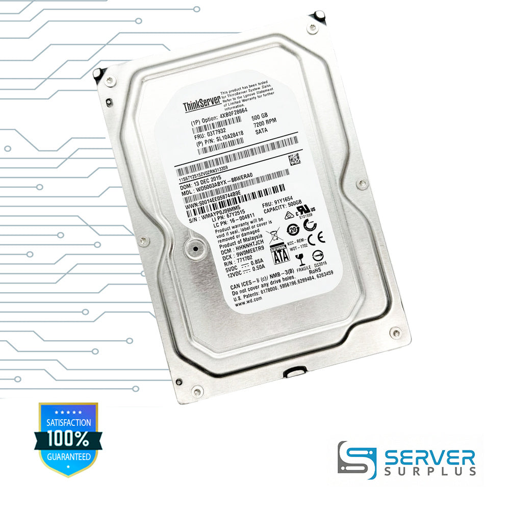 Lenovo 500GB SATA 7200 RPM 3.5 in Enterprise HDD | 03T7932 | WD5003ABYX-88WERA0 | 4XB0F28664 | SL10A28418 | 91Y1654 | 67Y2515 | 16-004911