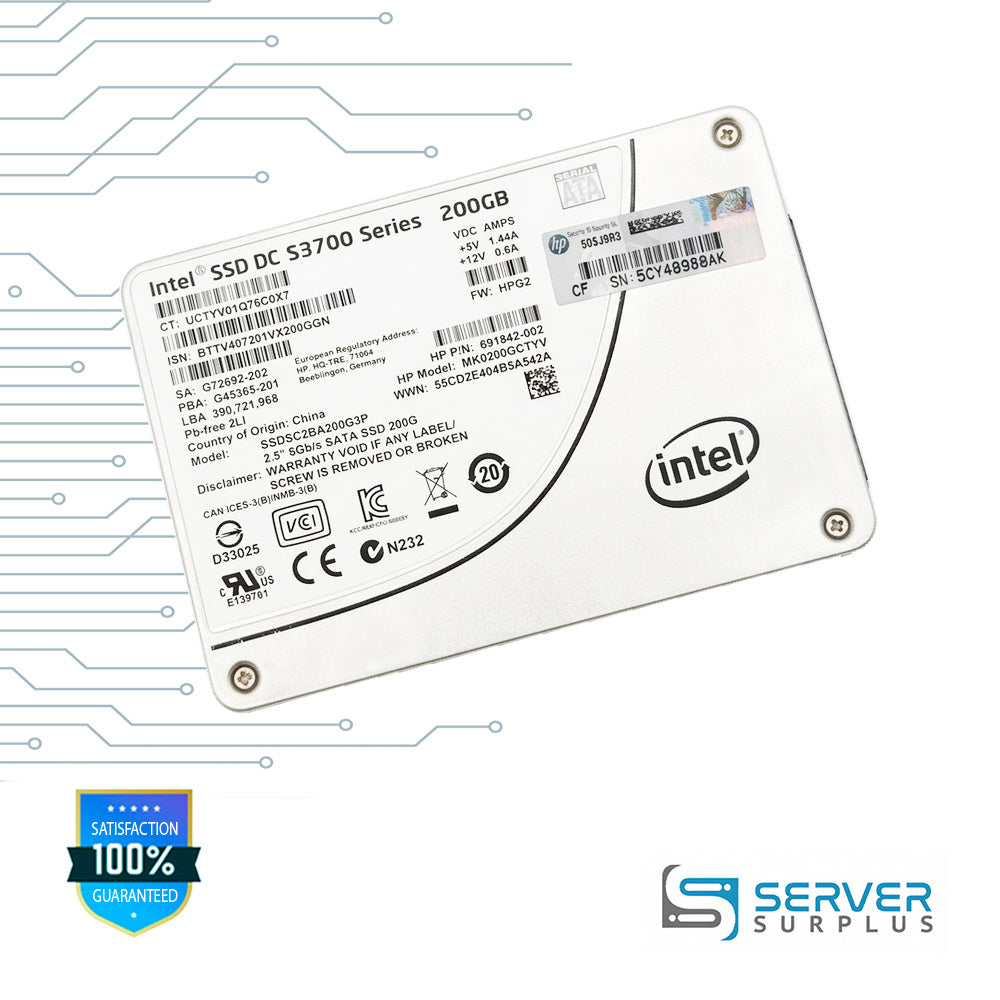 HP SSD DC S3700 Series 200GB SATA 6Gb/s 2.5 in Enterprise SSD | 691842-002 | SSDSC2BA200G3P | MK0200GCTYV