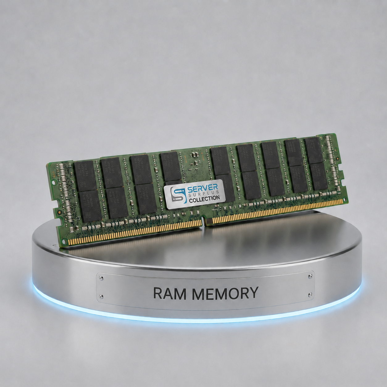 Server Surplus Collection enterprise server RAM memory module displayed on a premium metallic pedestal for data center memory upgrades