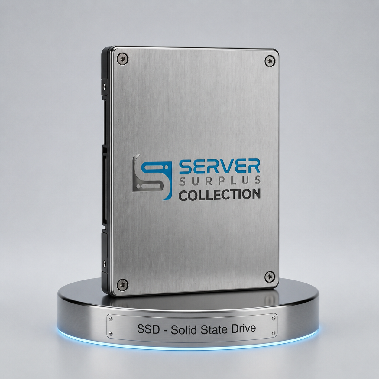 Server Surplus Collection 2.5-inch enterprise SSD solid state drive displayed on a premium metallic pedestal for server storage hardware