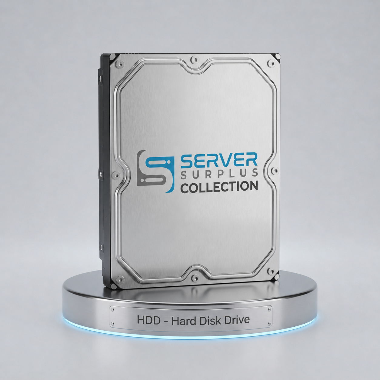 Server Surplus Collection 3.5-inch enterprise HDD hard disk drive displayed on a premium metallic pedestal for server data storage