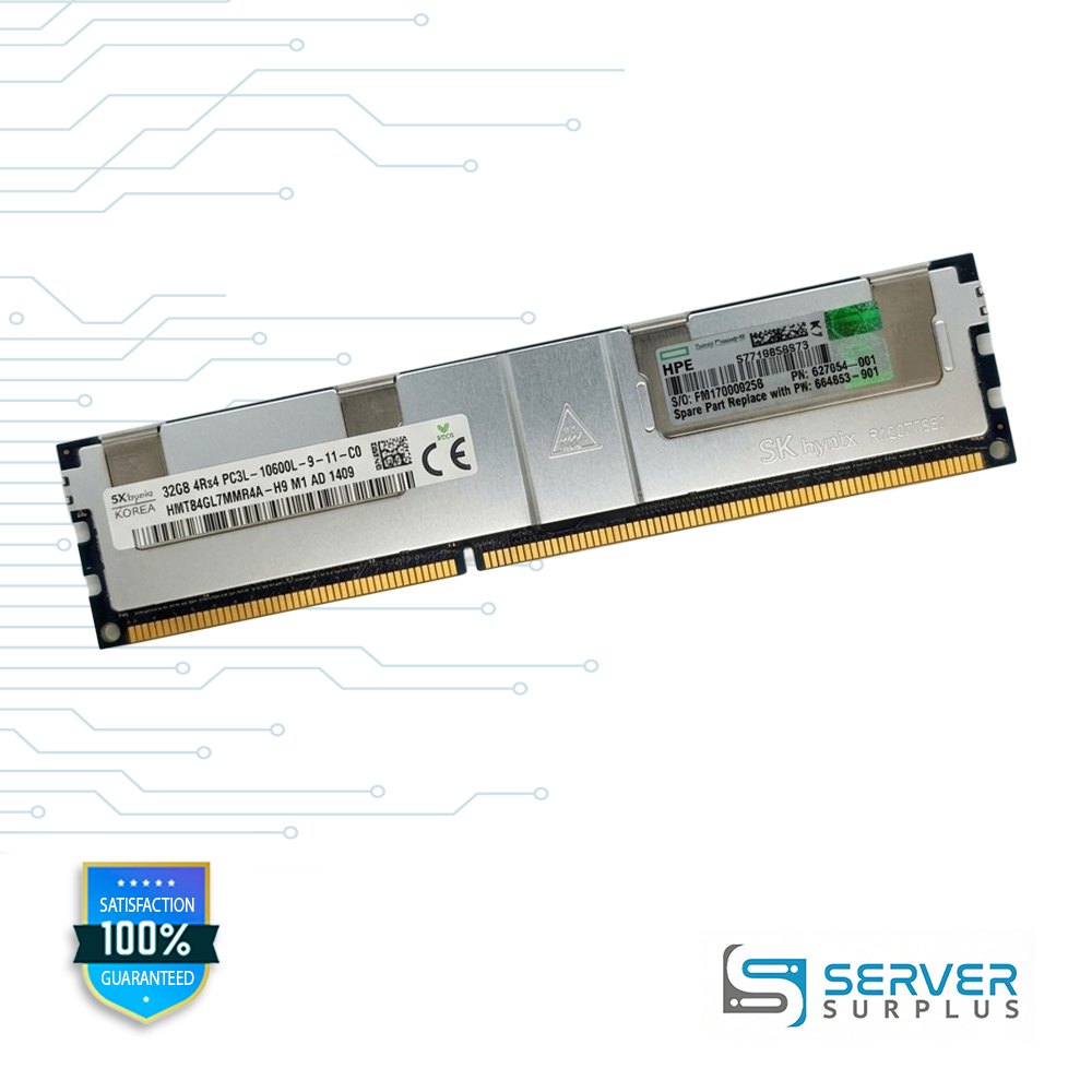 HPE 32GB DDR3L-1333 PC3L-10600 4Rx4 ECC Load-Reduced 240-Pin LRDIMM Server Memory | 647654-081 | HMT84GL7MMR4A-H9 | 664693-001