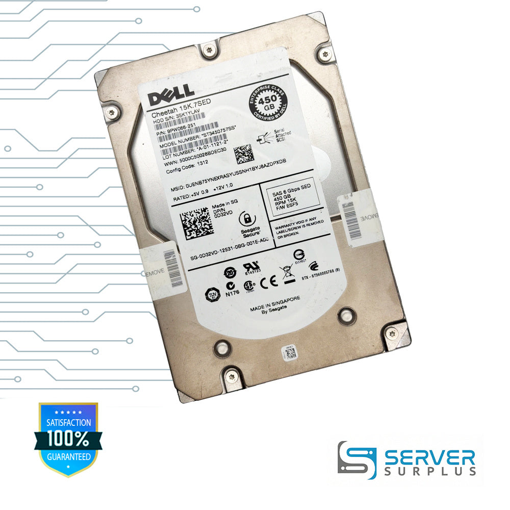 Dell Cheetah 15K.7SED 450GB SAS 6Gb/s 3.5 in Enterprise HDD | 0D32VD | ST3450757SS | 9PW066-251 | D32VD