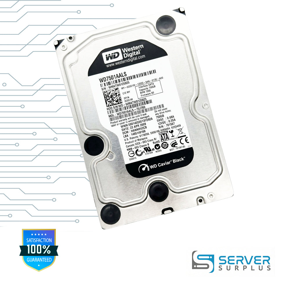 Dell Caviar Black 750GB SATA 7.2K 3.5 in Enterprise HDD | 0C651M | WD7501AALS | C651M
