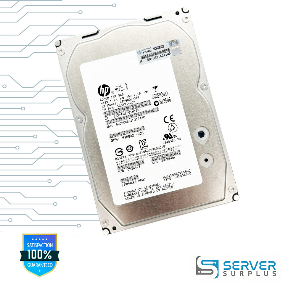 HP HUS156060VLS600 600GB SAS 15K 3.5 in Enterprise HDD | 533871-003 | 0B24473 | CT:2ATFF01EG1H13W | 516832-005