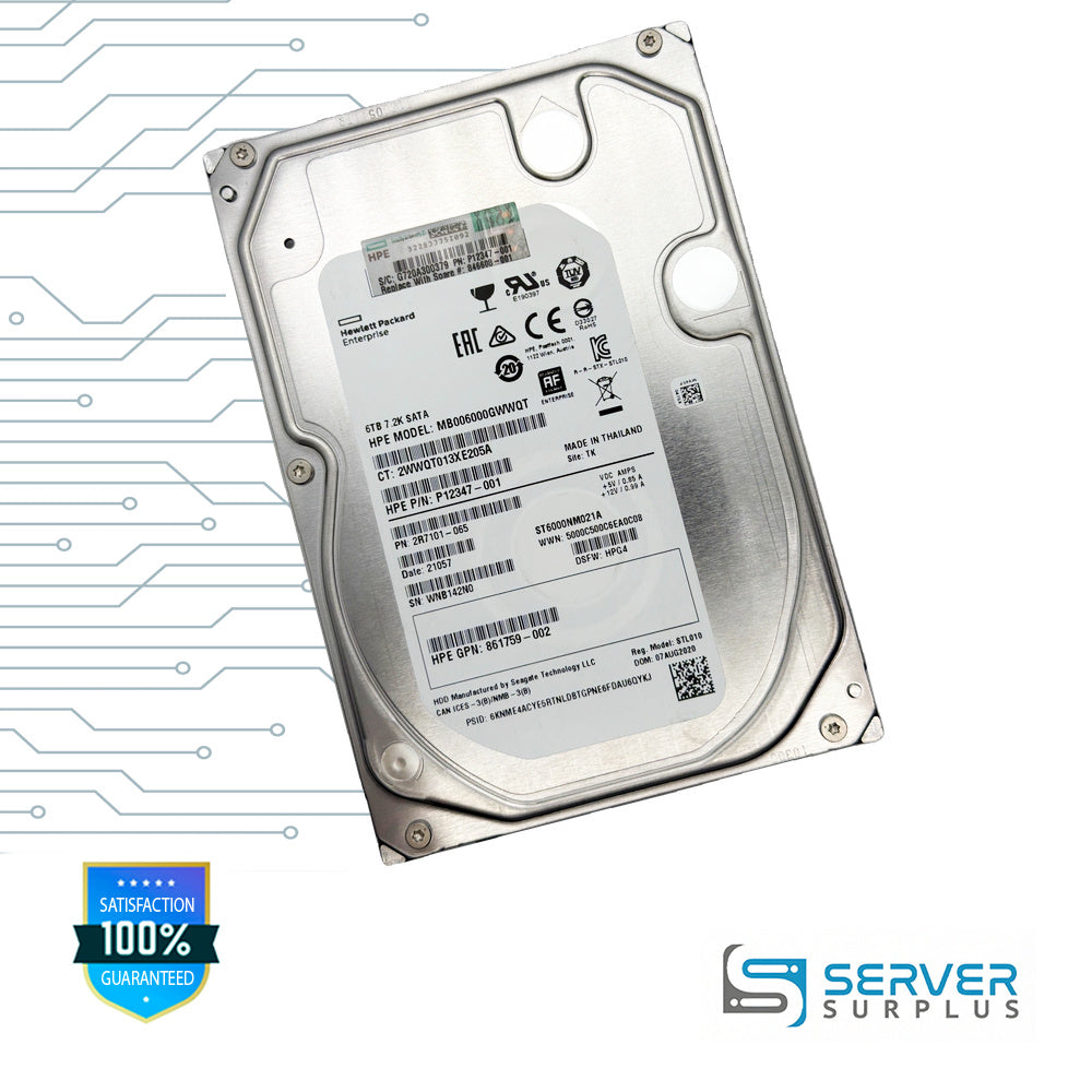 HPE MB006000GWWQT 6TB SATA 7.2K 3.5 in Enterprise HDD | P12347-001 | ST6000NM021A | 846608-001 | G720A300379 | 861759-002 | 2R7101-065