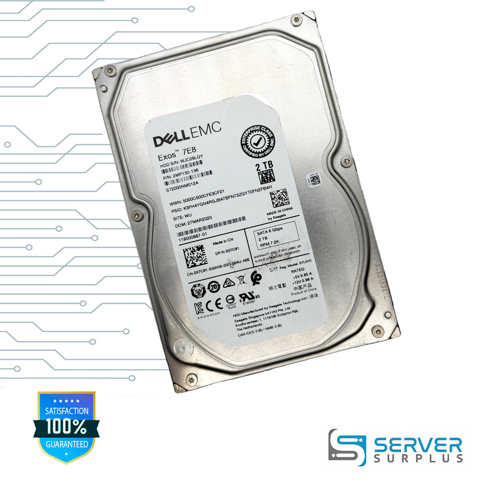 Dell Exos 7E8 2TB SATA 6Gb/s 3.5 in Enterprise HDD | 0X7C91 | ST2000NM012A | 2MP130-136 | 118000887-01 | X7C91