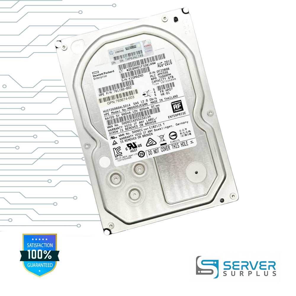 HPE HUS726060AL5214 6TB SAS 12Gb/s 512e 3.5 in Enterprise HDD | 791150-002 | 0F22898 | 793674-003 | HUS726060AL5214
