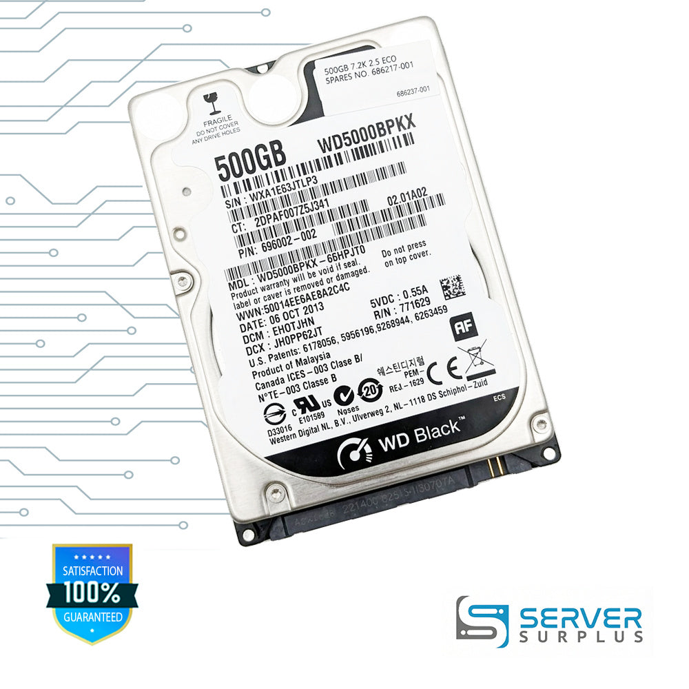 HP Black 500GB SATA 2.5 in Enterprise HDD | 696002-002 | WD5000BPKX | 686217-001