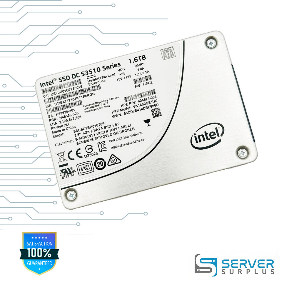 HPE SSD DC S3510 Series 1.6TB SATA 6Gb/s 2.5 in Enterprise SSD | 804574-006 | SSDSC2BB016T6P | VK1600GEYJU