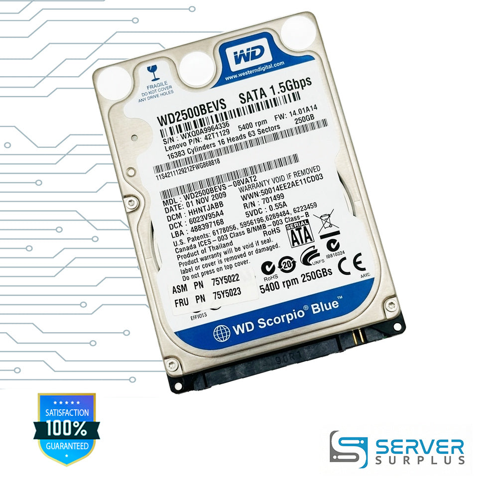 Lenovo Scorpio Blue 250GB SATA 1.5Gb/s 2.5 in Enterprise HDD | 75Y5023 | WD2500BEVS | 75Y5022 | 42T1129