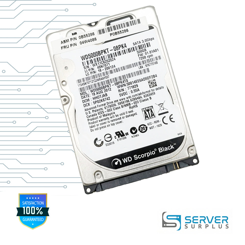 Lenovo Scorpio Black 500GB SATA 3Gb/s 2.5 in Enterprise HDD | 04W4086 | WD5000BPKT-08PK4 | 0B55286 | P0B55286 | 45N7071 | 16-200124
