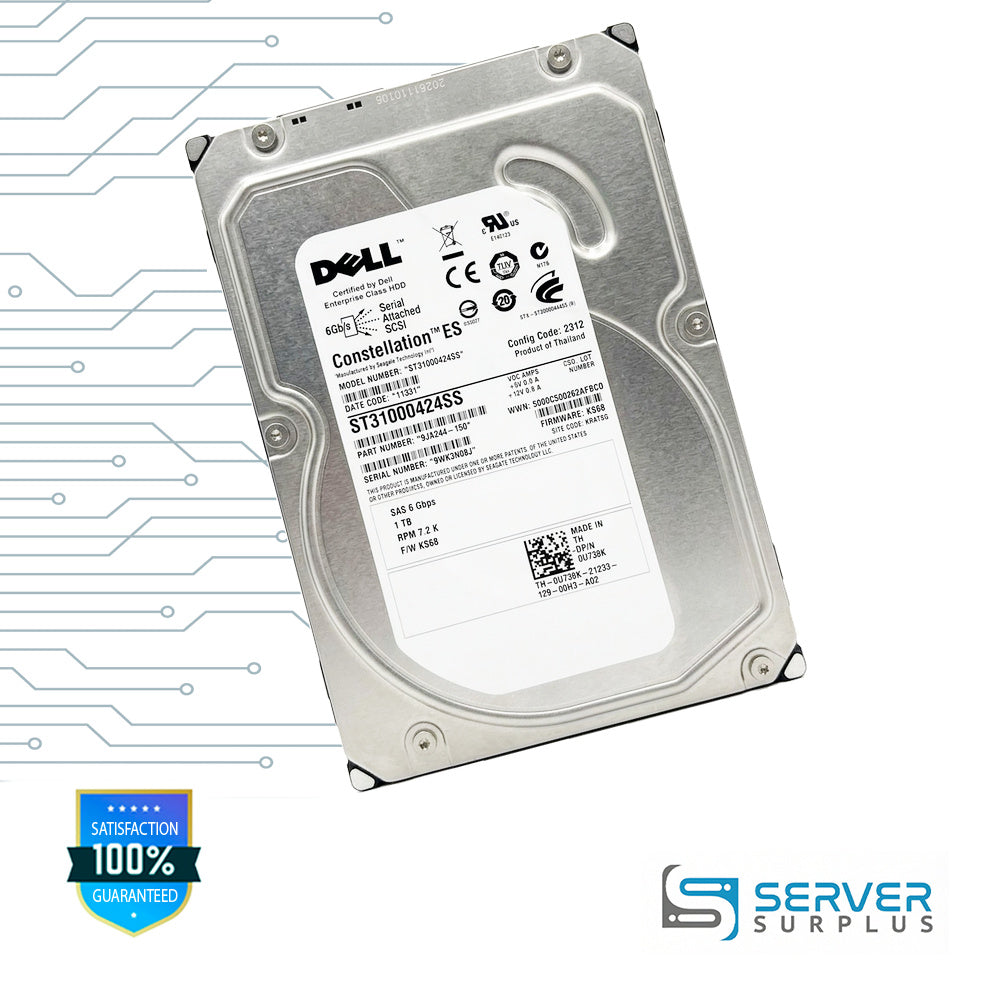 Dell Constellation ES 1TB SAS 6Gb/s 3.5 in Enterprise HDD | 0U738K | ST31000424SS | TH-0U738K-21233-129-00H3-A02 | U738K
