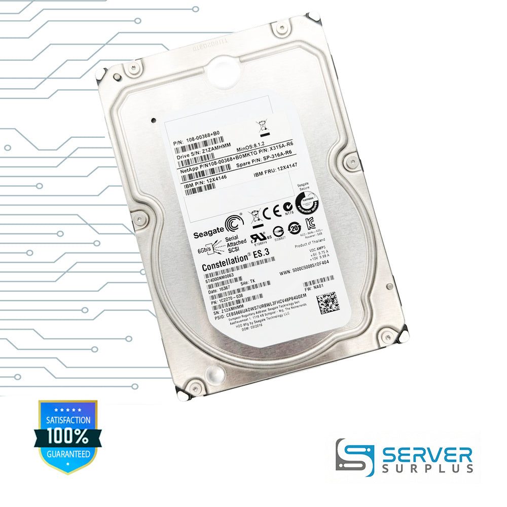 NetApp Constellation ES.3 4TB SAS 6Gb/s 3.5 in Enterprise HDD | 108-00368+B0 | ST4000NM0063 | X315A-R6 | SP-315A-R6 | 12X4146 | 12X4147