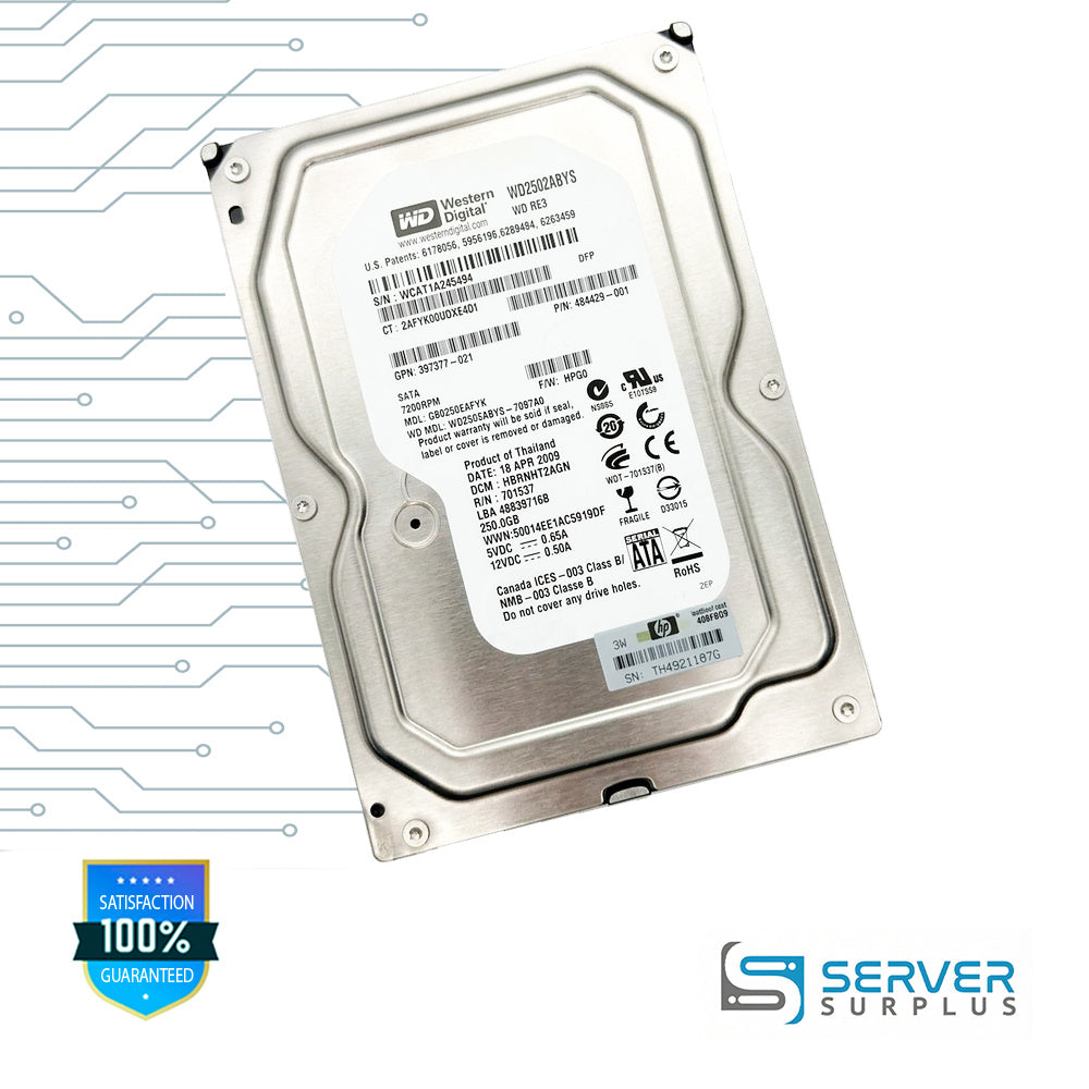 HP RE3 250GB SATA 7.2K 3.5 in Enterprise HDD | 484429-001 | WD2502ABYS | 397377-021 | 40BFBG9